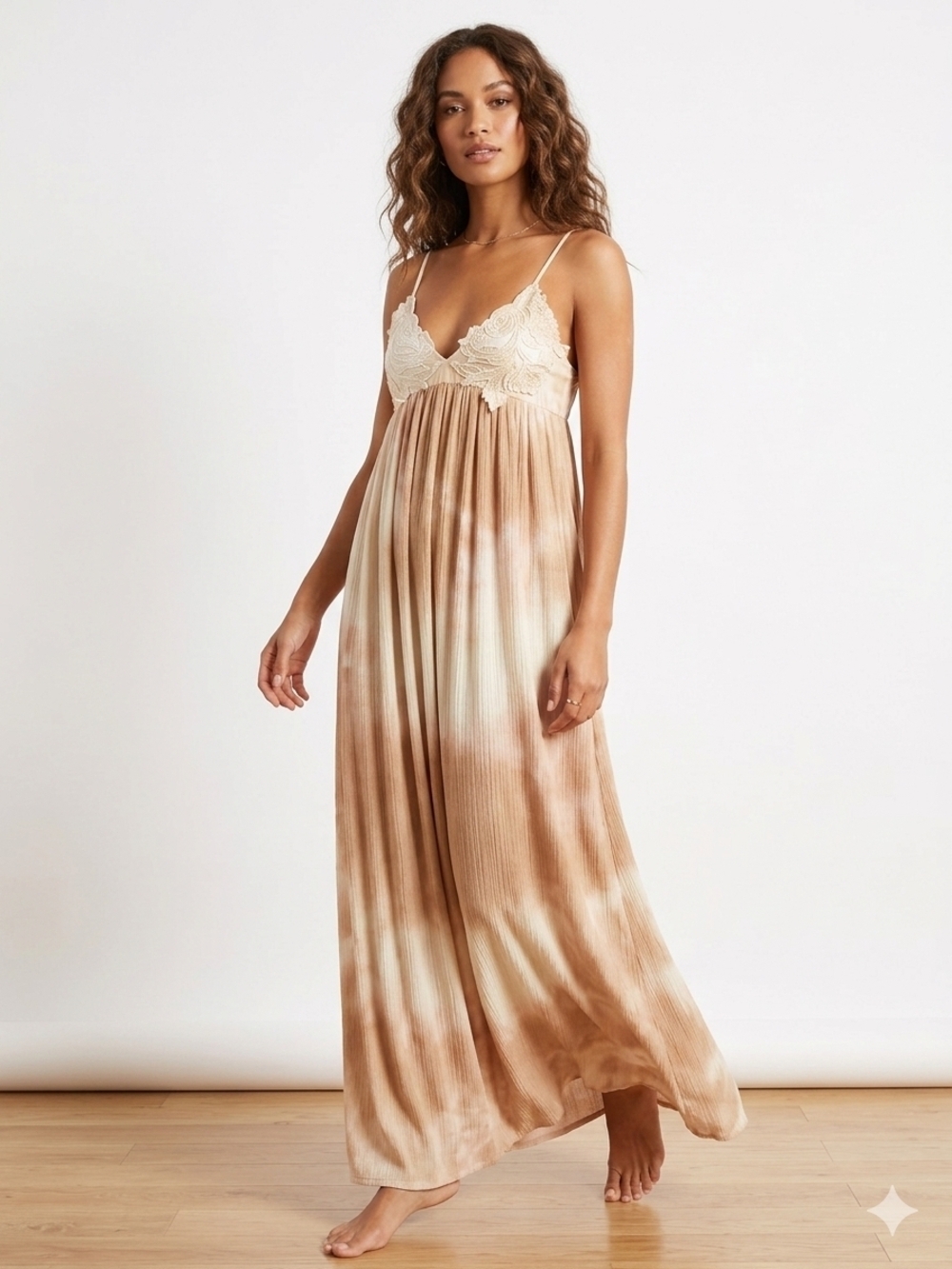 Zara Cream and Brown Tie-Dye Maxi Dress with Lace Bodice 100% Cotton